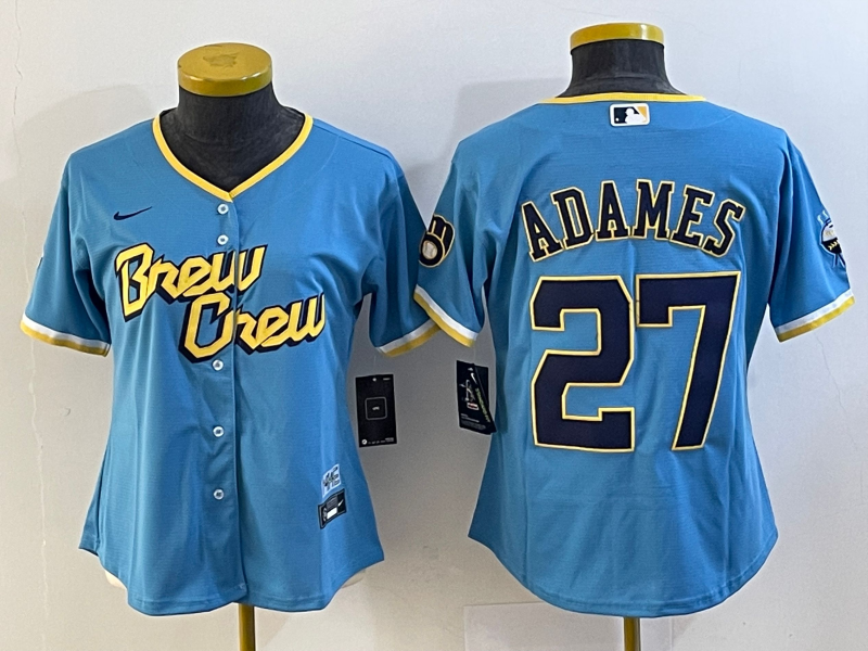Women's Milwaukee Brewers #27 Willy Adames 2022 Powder Blue City Connect Cool Base Stitched Jersey(Run Small)